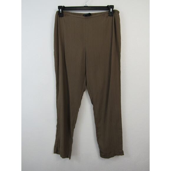 Citron Large 100% Silk Beige Brown Pull On Elastic Waist Pants Straight Leg - Picture 1 of 4